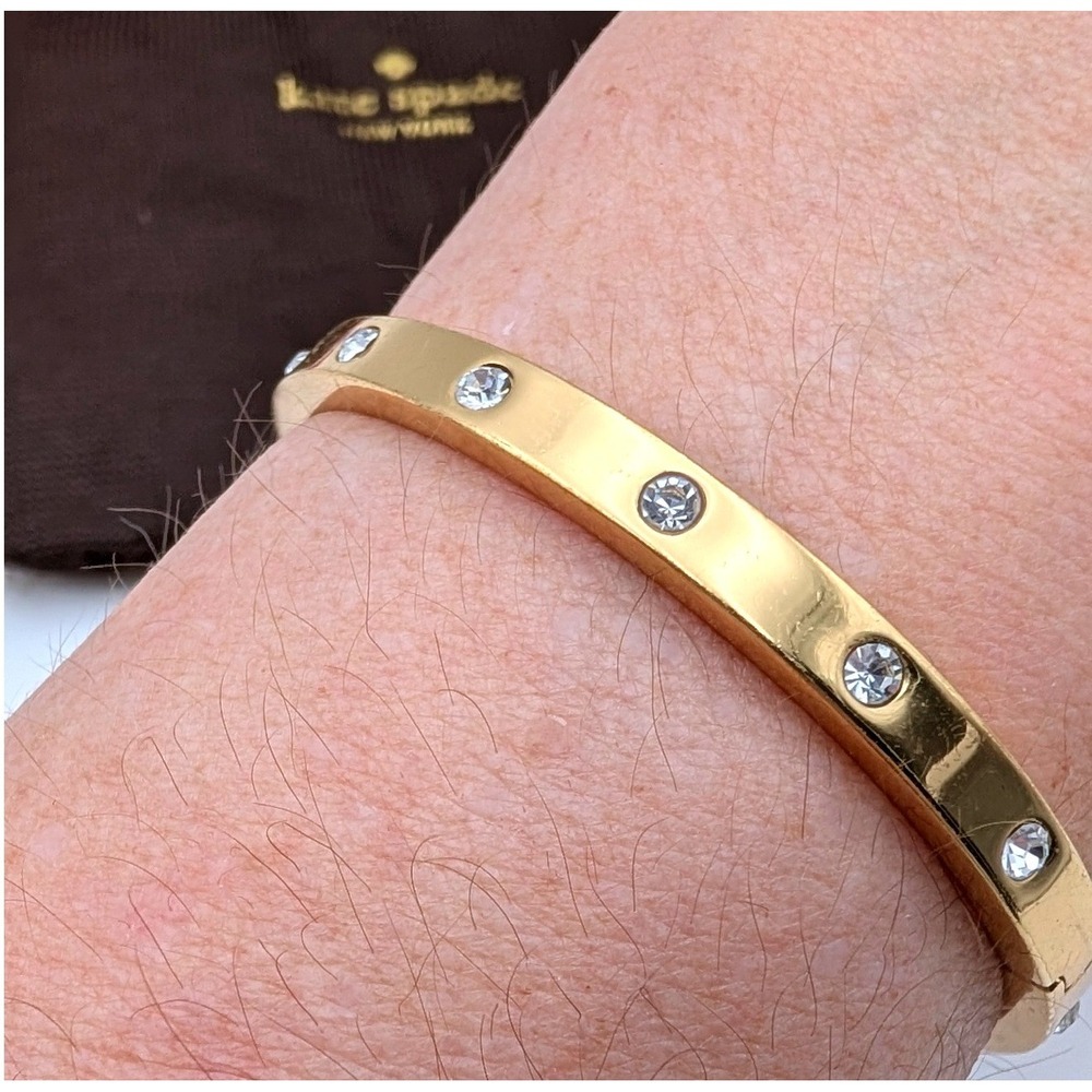 Kate Spade Gold Tone Crystal Hinged Bangle Bracelet with Dust Bag - Picture 5 of 6